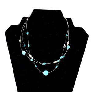 Lia Sophia Necklace 3 Strand Adjustable Blue Stone Silver Tone